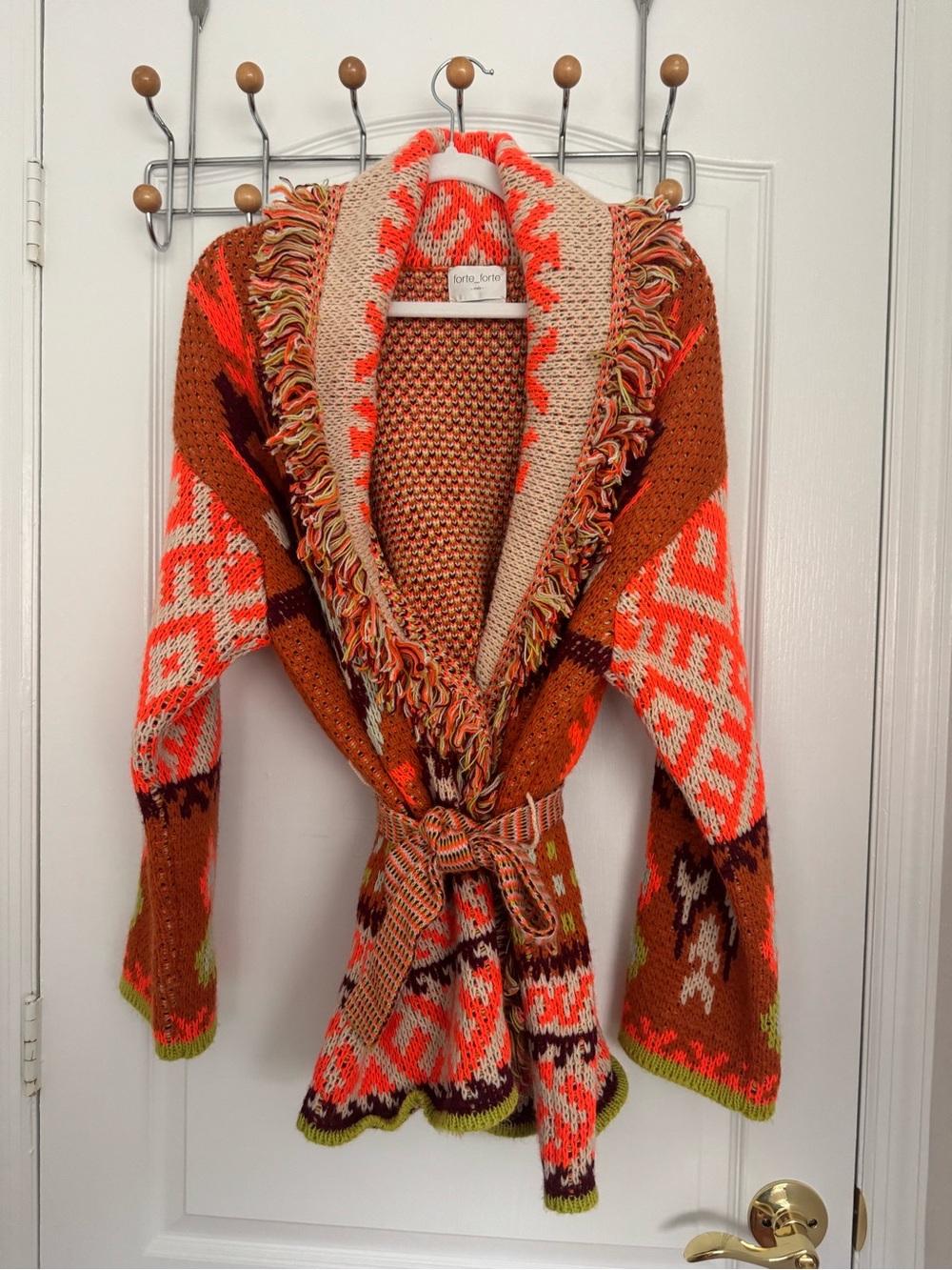 Fringed Orange Patterned Wrap Cardigan Sweater - Picture 5 of 5